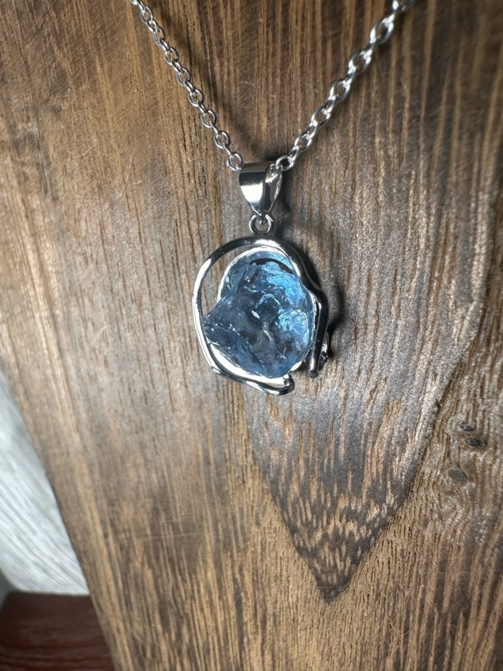 Blue Raw Stone Pendant Necklace - Silver Metal - Picture 14 of 16